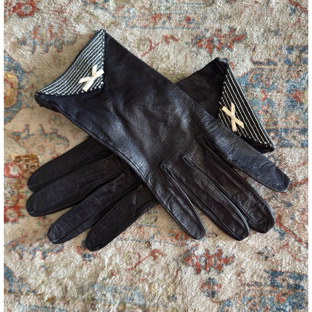 1950s Black Gloves Roger Fare Paris Kidskin Leather Size 6.5 Studio Costume Bows